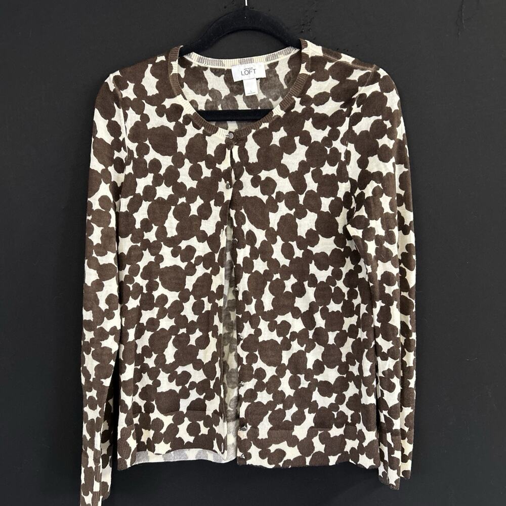 Ann Taylor Loft Women Brown/Beige 100% Merino Wool Cardigan Sweater Size Large